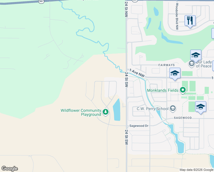 map of restaurants, bars, coffee shops, grocery stores, and more near 2384 Sagewood Gate Southwest in Airdrie