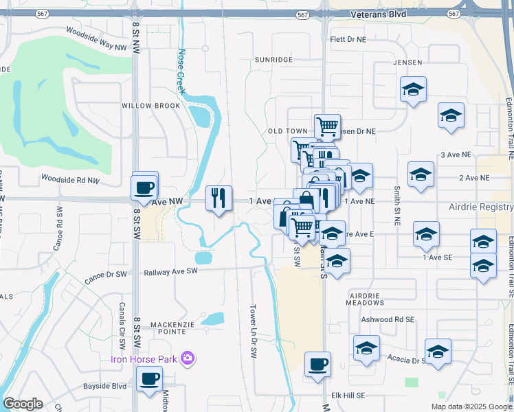 map of restaurants, bars, coffee shops, grocery stores, and more near 325 1 Avenue Northwest in Airdrie