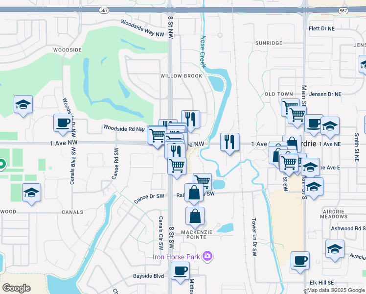 map of restaurants, bars, coffee shops, grocery stores, and more near 35 Mackenzie Way Southwest in Airdrie