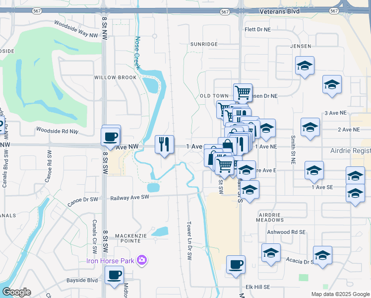 map of restaurants, bars, coffee shops, grocery stores, and more near 325 1 Avenue Northwest in Airdrie