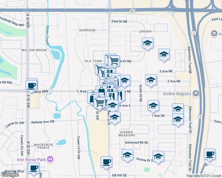 map of restaurants, bars, coffee shops, grocery stores, and more near in Airdrie