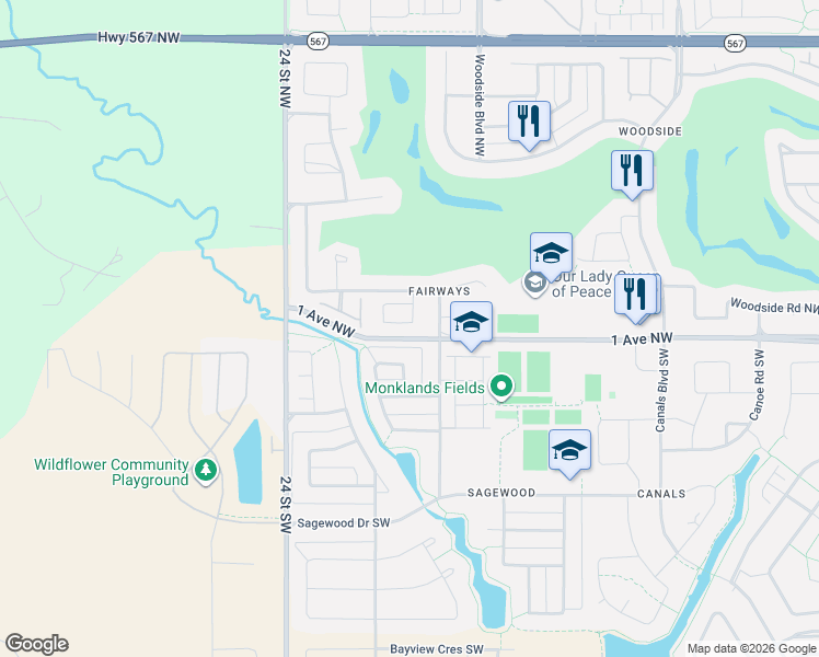 map of restaurants, bars, coffee shops, grocery stores, and more near in Airdrie