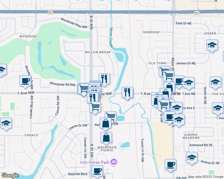 map of restaurants, bars, coffee shops, grocery stores, and more near in Airdrie