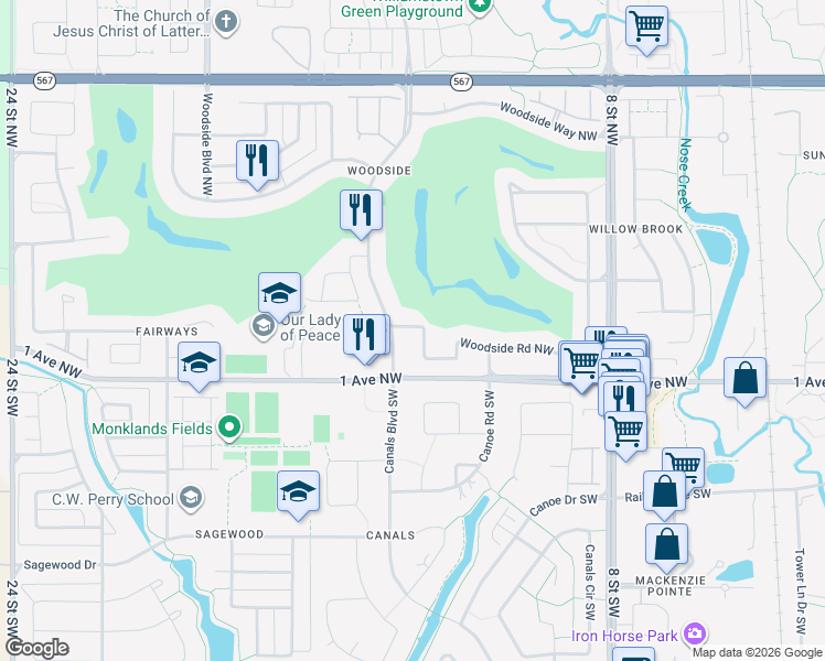 map of restaurants, bars, coffee shops, grocery stores, and more near 264 Woodside Road Northwest in Airdrie