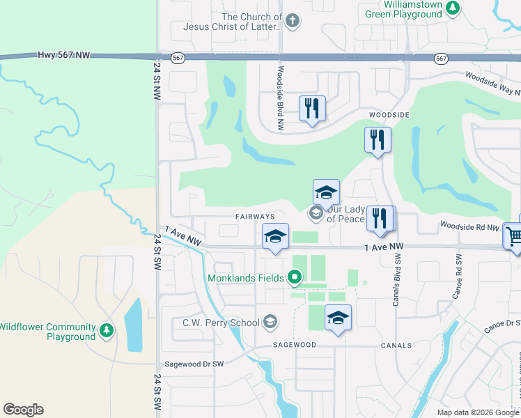 map of restaurants, bars, coffee shops, grocery stores, and more near in Airdrie