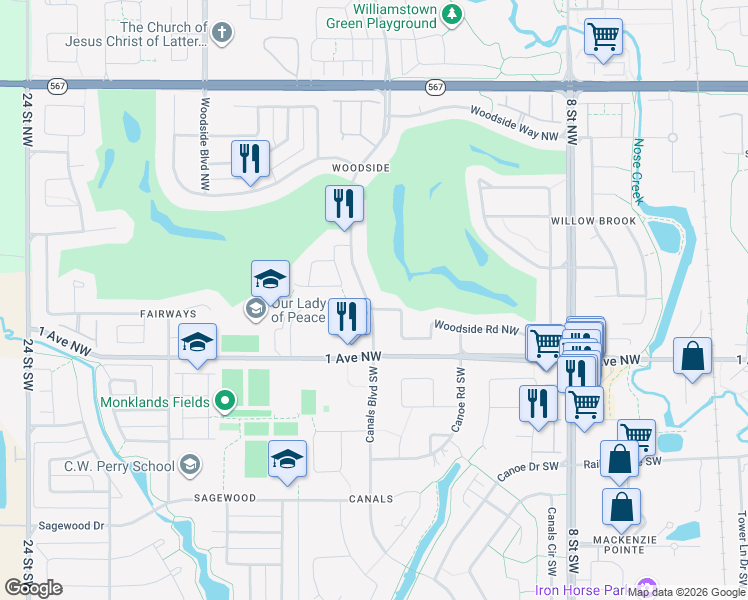 map of restaurants, bars, coffee shops, grocery stores, and more near 264 Woodside Road Northwest in Airdrie