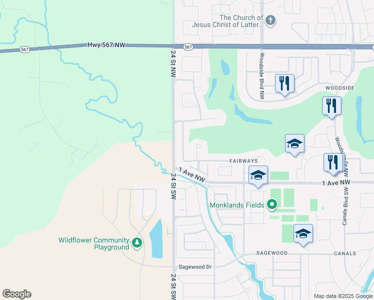 map of restaurants, bars, coffee shops, grocery stores, and more near 152 Fairways Drive Northwest in Airdrie