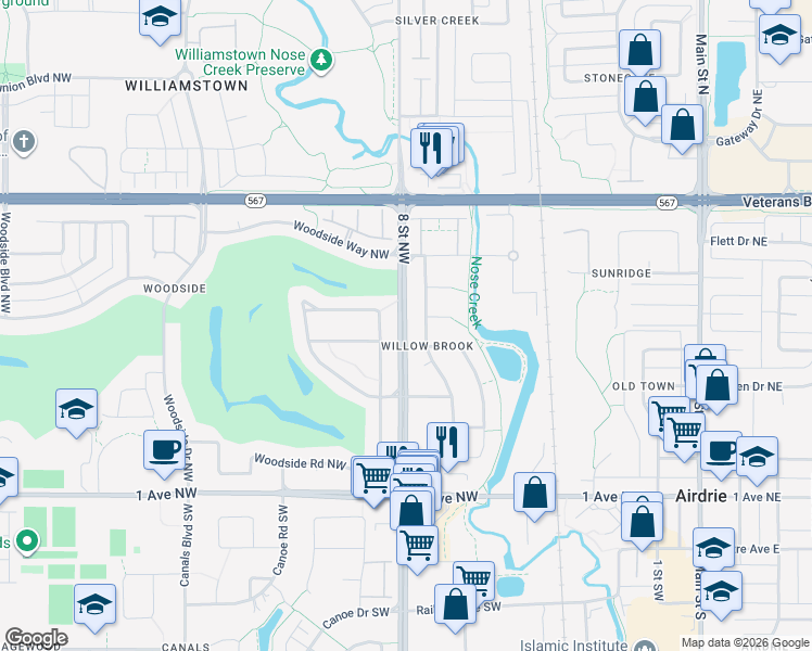 map of restaurants, bars, coffee shops, grocery stores, and more near 8 Street West in Airdrie