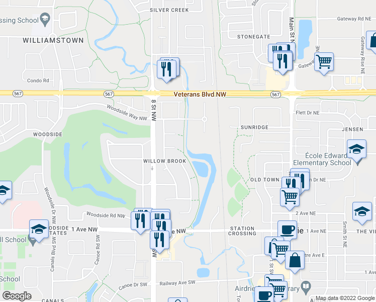 map of restaurants, bars, coffee shops, grocery stores, and more near 992 Veterans Boulevard Northwest in Airdrie