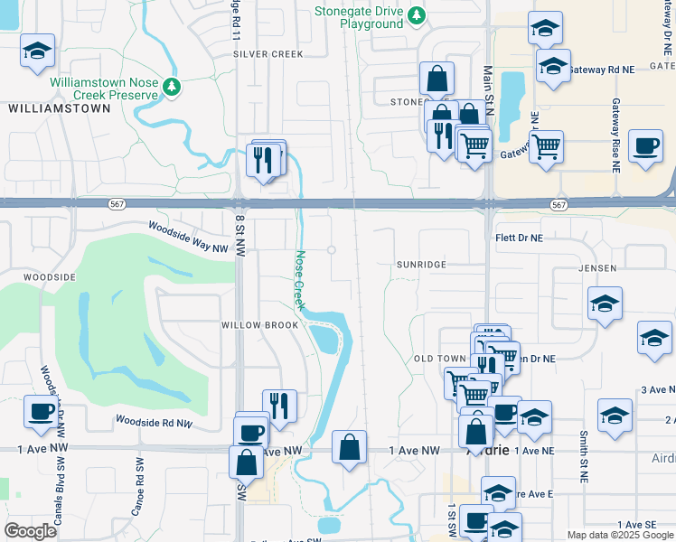 map of restaurants, bars, coffee shops, grocery stores, and more near 700 Willow Brook Road Northwest in Airdrie