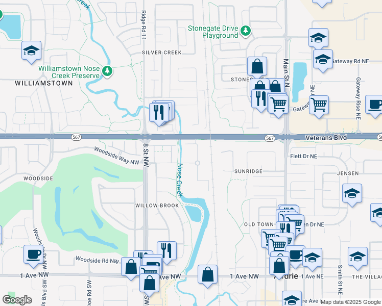 map of restaurants, bars, coffee shops, grocery stores, and more near 700 Willow Brook Road Northwest in Airdrie