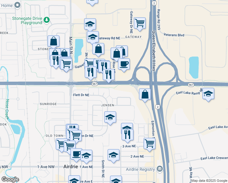 map of restaurants, bars, coffee shops, grocery stores, and more near 824 Edmonton Trail Northeast in Airdrie