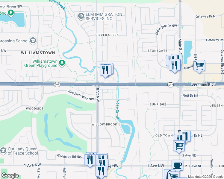 map of restaurants, bars, coffee shops, grocery stores, and more near 720 Willow Brook Road Northwest in Airdrie
