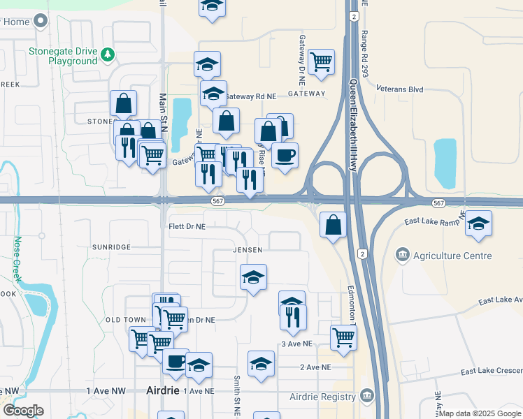 map of restaurants, bars, coffee shops, grocery stores, and more near 824 Edmonton Trail Northeast in Airdrie