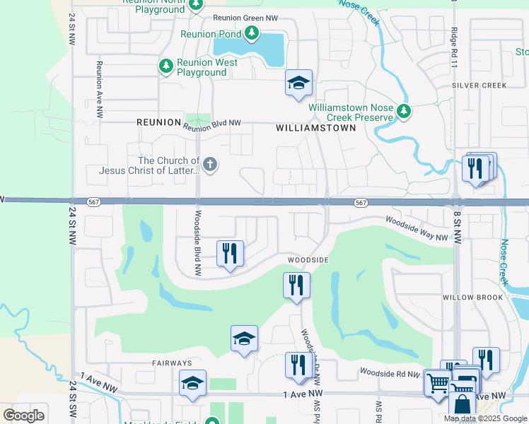 map of restaurants, bars, coffee shops, grocery stores, and more near 68 Woodside Circle Northwest in Airdrie