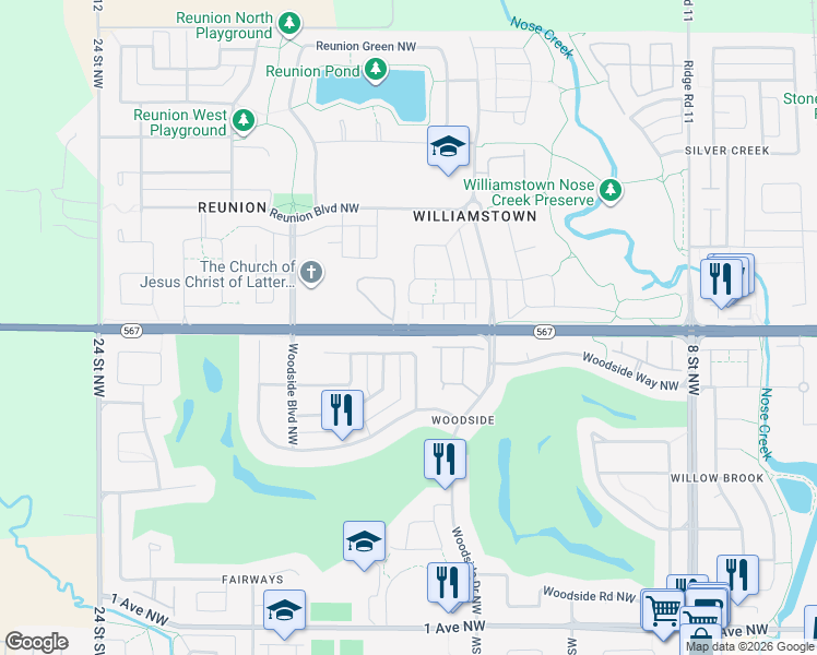 map of restaurants, bars, coffee shops, grocery stores, and more near Veterans Boulevard Northwest in Airdrie