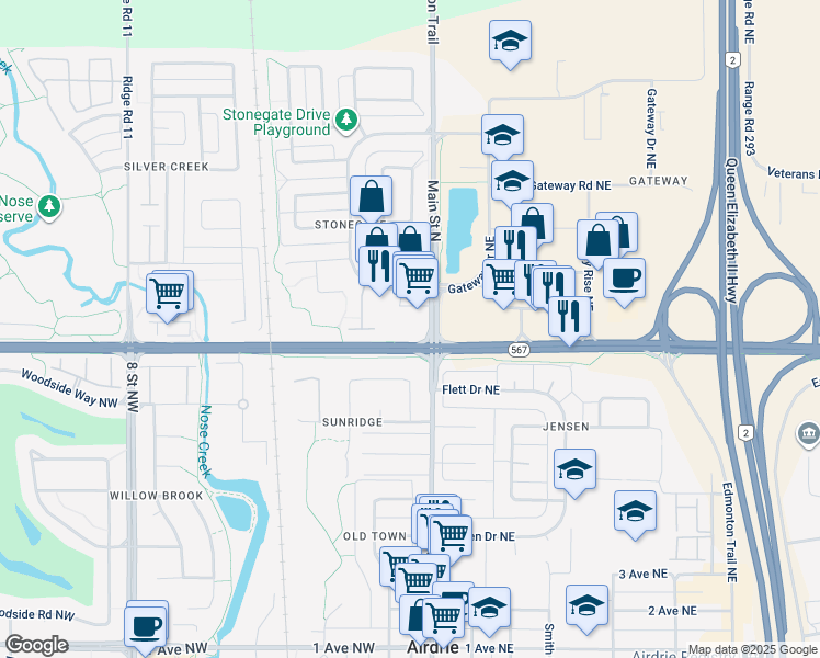 map of restaurants, bars, coffee shops, grocery stores, and more near 3 Stonegate Drive Northwest in Airdrie