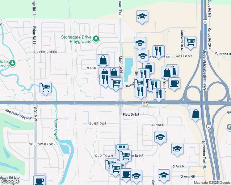 map of restaurants, bars, coffee shops, grocery stores, and more near 3 Stonegate Drive Northwest in Airdrie