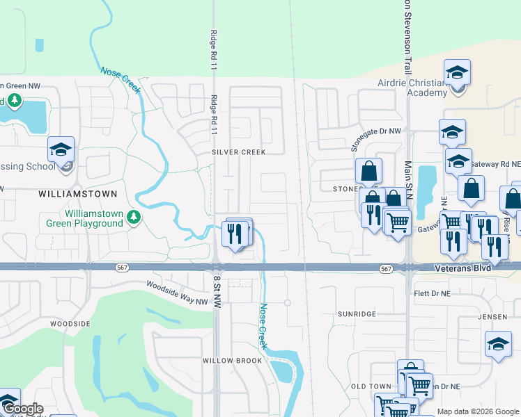 map of restaurants, bars, coffee shops, grocery stores, and more near 152 Creek Gardens Close Northwest in Airdrie