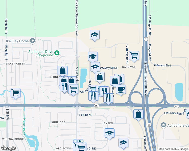 map of restaurants, bars, coffee shops, grocery stores, and more near 28 Gateway Drive Northeast in Airdrie
