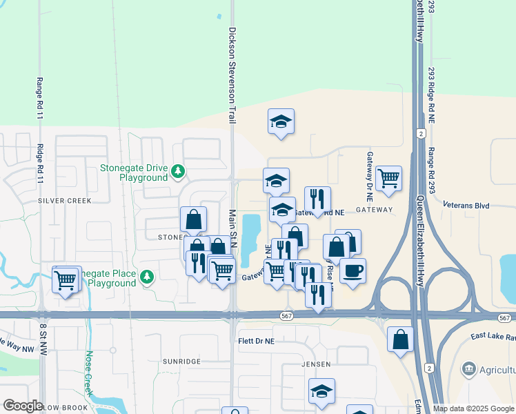 map of restaurants, bars, coffee shops, grocery stores, and more near 45 Gateway Drive Northeast in Airdrie