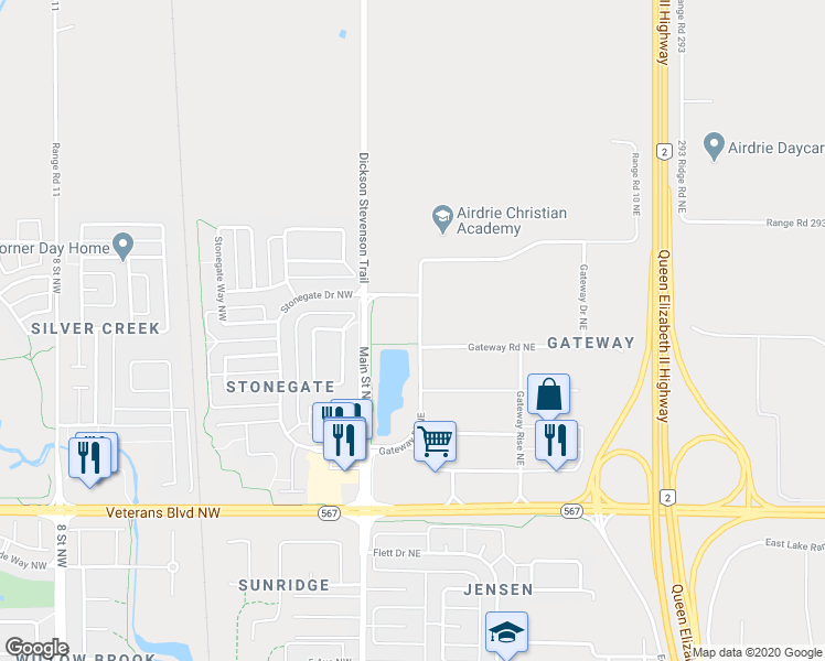 map of restaurants, bars, coffee shops, grocery stores, and more near 45 Gateway Drive Northeast in Airdrie
