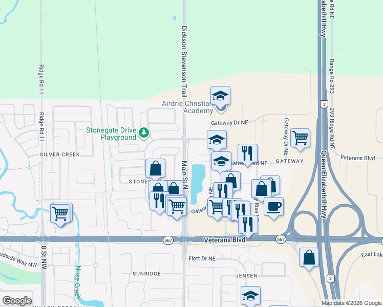 map of restaurants, bars, coffee shops, grocery stores, and more near 45 Gateway Drive Northeast in Airdrie