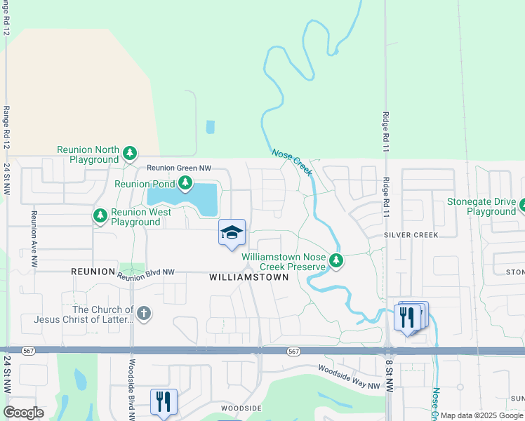 map of restaurants, bars, coffee shops, grocery stores, and more near Williamstown Park Northwest in Airdrie