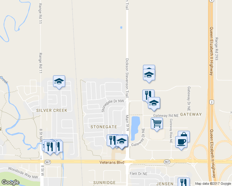 map of restaurants, bars, coffee shops, grocery stores, and more near 432 Stonegate Road Northwest in Airdrie
