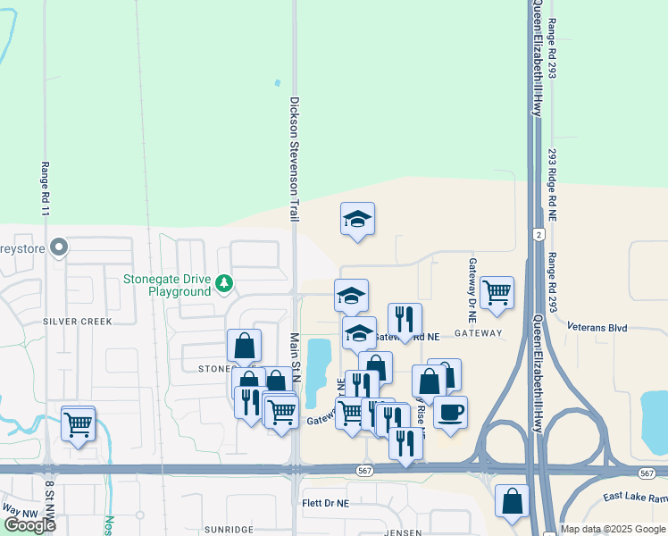 map of restaurants, bars, coffee shops, grocery stores, and more near 61 Gateway Drive Northeast in Airdrie