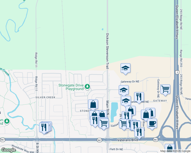 map of restaurants, bars, coffee shops, grocery stores, and more near 432 Stonegate Road Northwest in Airdrie