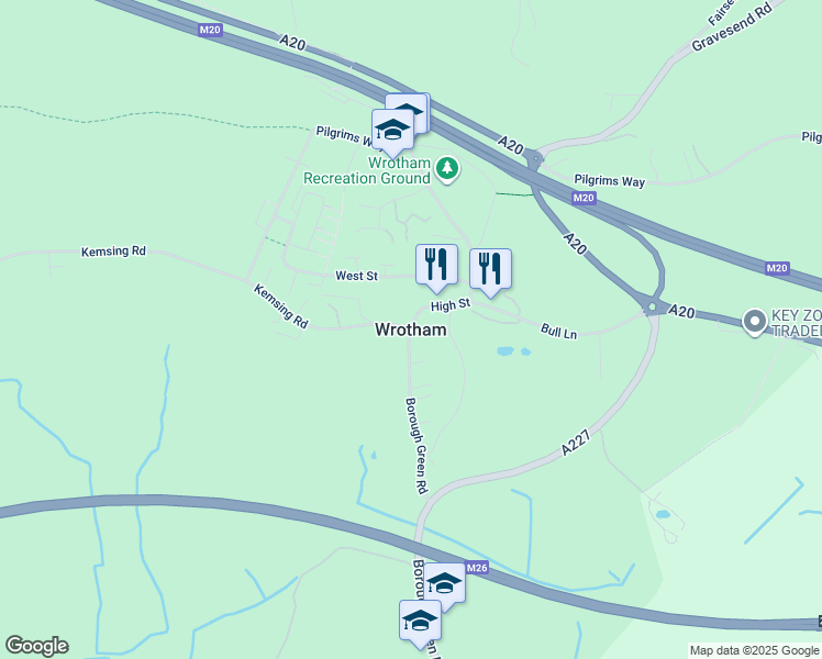 map of restaurants, bars, coffee shops, grocery stores, and more near in Wrotham