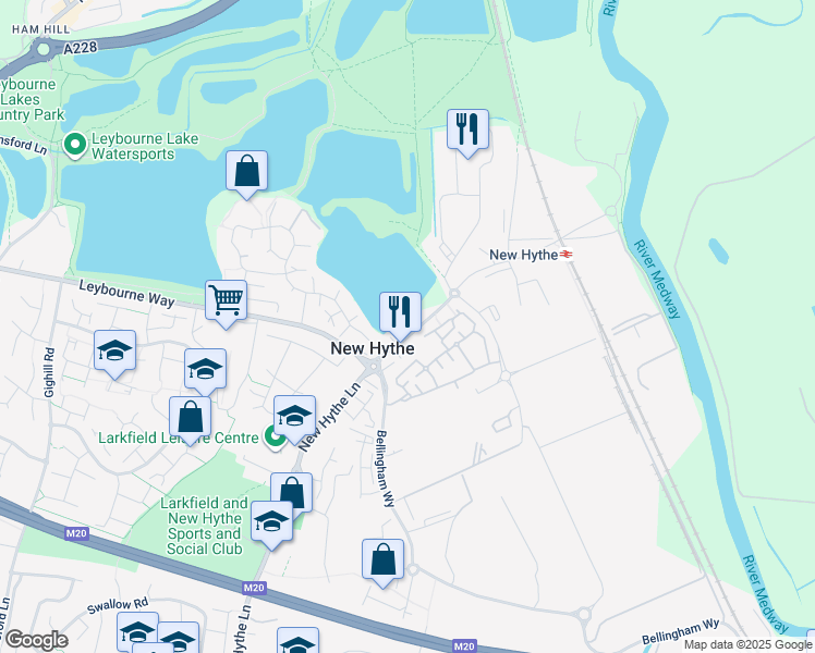 map of restaurants, bars, coffee shops, grocery stores, and more near New Hythe Lane in Kent