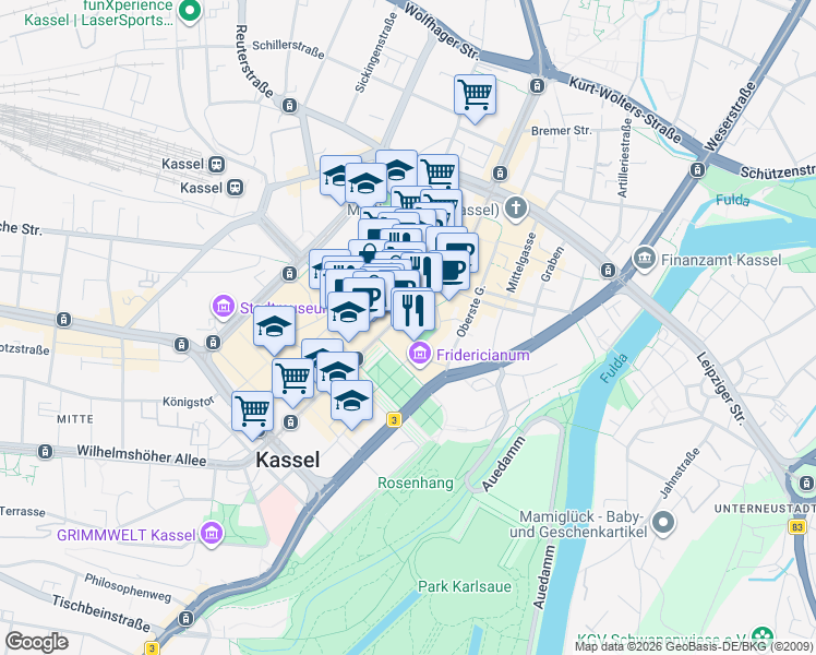 map of restaurants, bars, coffee shops, grocery stores, and more near 30 Obere Königsstraße in Kassel