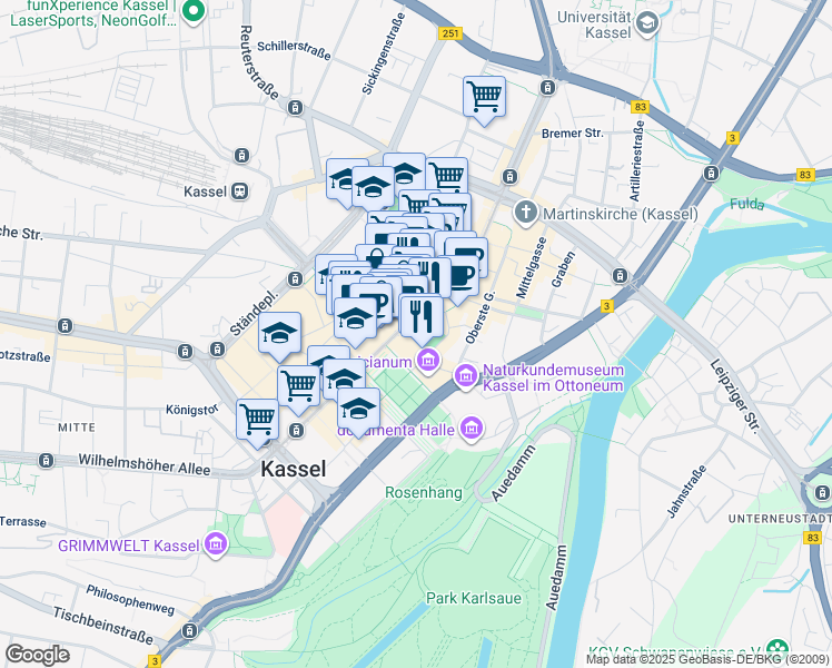 map of restaurants, bars, coffee shops, grocery stores, and more near 30 Obere Königsstraße in Kassel