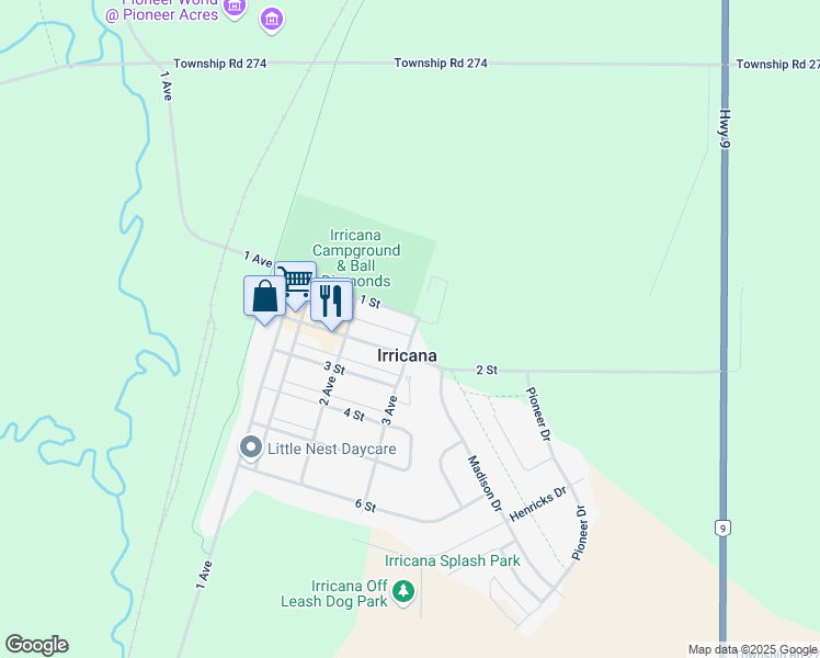 map of restaurants, bars, coffee shops, grocery stores, and more near 335 3 Avenue in Irricana