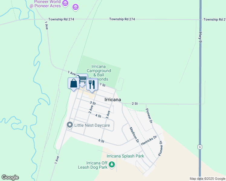 map of restaurants, bars, coffee shops, grocery stores, and more near 335 3 Avenue in Irricana