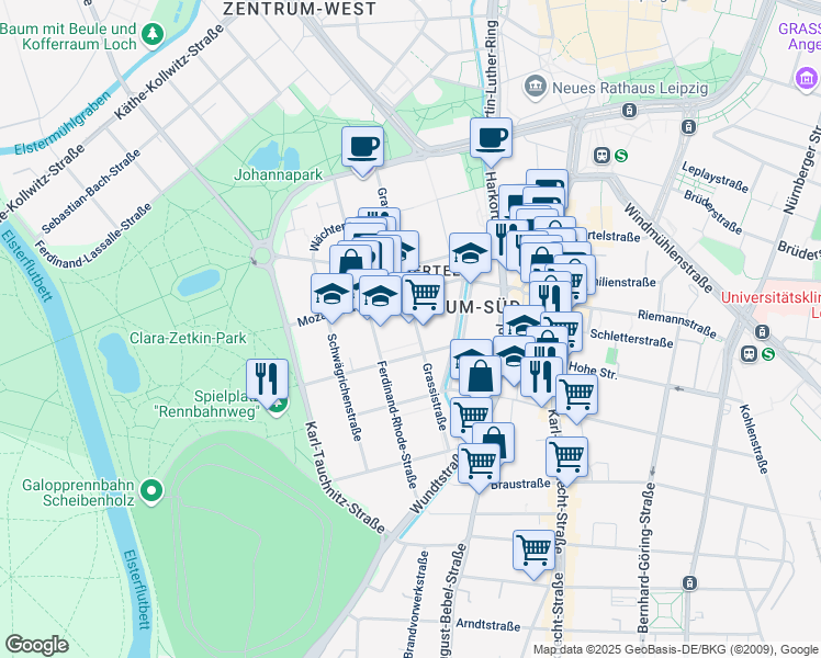 map of restaurants, bars, coffee shops, grocery stores, and more near 20 Grassistraße in Leipzig