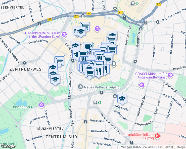map of restaurants, bars, coffee shops, grocery stores, and more near 37 Petersstraße in Leipzig