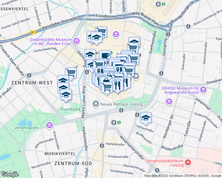 map of restaurants, bars, coffee shops, grocery stores, and more near 37 Petersstraße in Leipzig