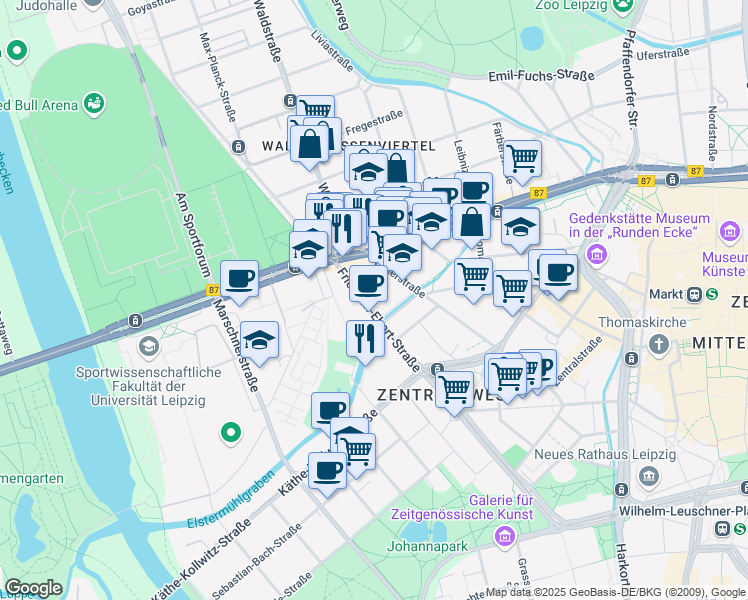 map of restaurants, bars, coffee shops, grocery stores, and more near 72 Friedrich-Ebert-Straße in Leipzig