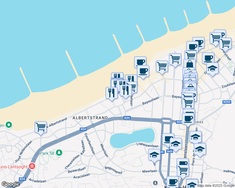 map of restaurants, bars, coffee shops, grocery stores, and more near 583 Zeedijk-Albertstrand in Knokke-Heist
