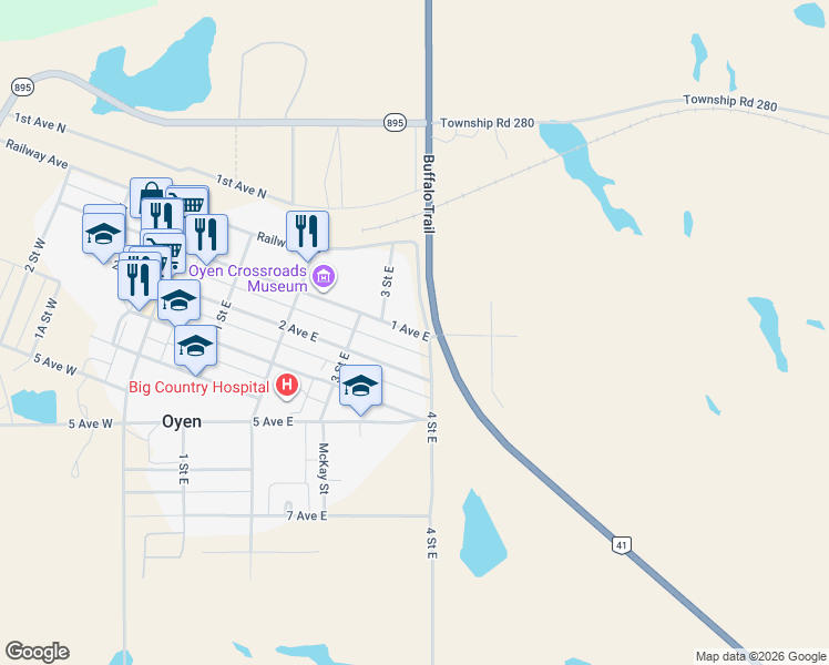 map of restaurants, bars, coffee shops, grocery stores, and more near 417 1 Avenue East in Oyen