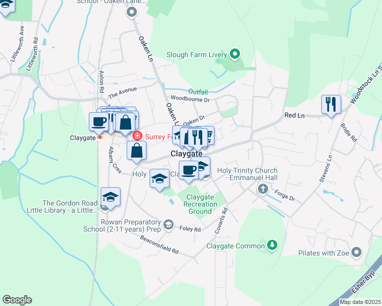 map of restaurants, bars, coffee shops, grocery stores, and more near  in Claygate