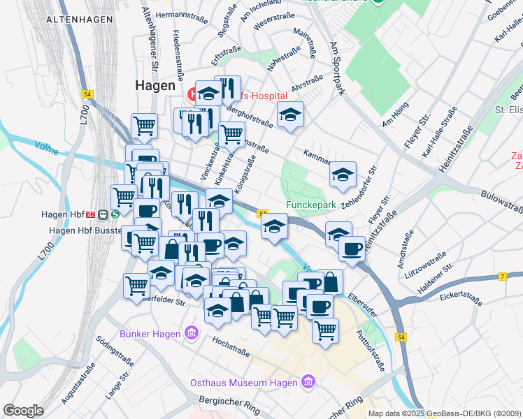 map of restaurants, bars, coffee shops, grocery stores, and more near 45 Märkischer Ring in Hagen