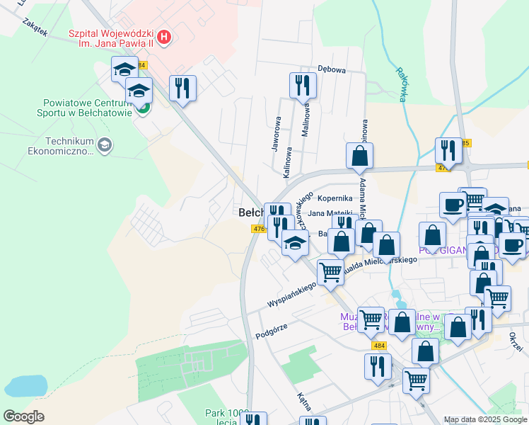 map of restaurants, bars, coffee shops, grocery stores, and more near in Belchatow