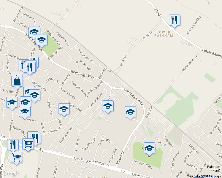 map of restaurants, bars, coffee shops, grocery stores, and more near in Rainham