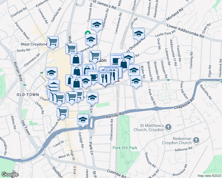 map of restaurants, bars, coffee shops, grocery stores, and more near 100 George Street in Greater London