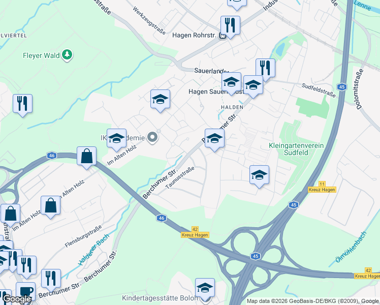 map of restaurants, bars, coffee shops, grocery stores, and more near 55 Berchumer Straße in Hagen