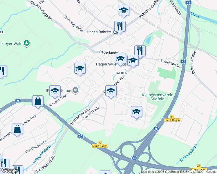 map of restaurants, bars, coffee shops, grocery stores, and more near 55 Berchumer Straße in Hagen